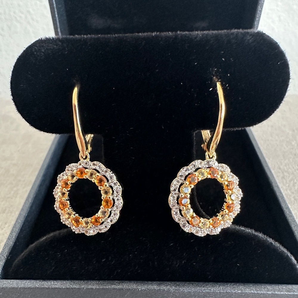 Citrine & White Topaz Circle Drop Earrings in 18K Gold plating over silver